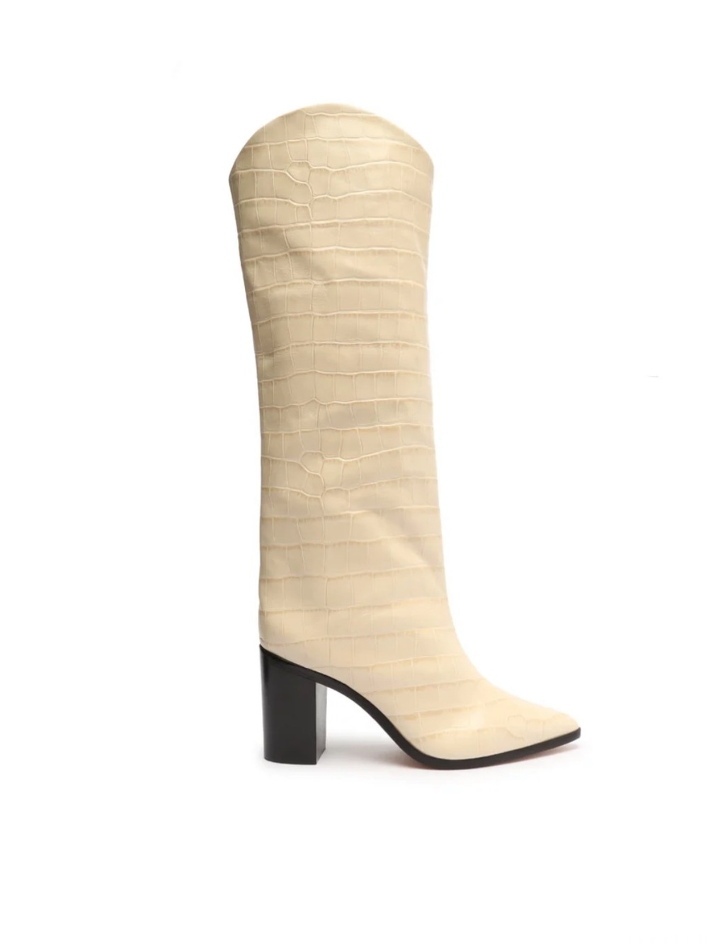 SCHUTZ MARYANA BLOCK CROCODILE-EMBOSSED LEATHER BOOT IN EGGSHELL